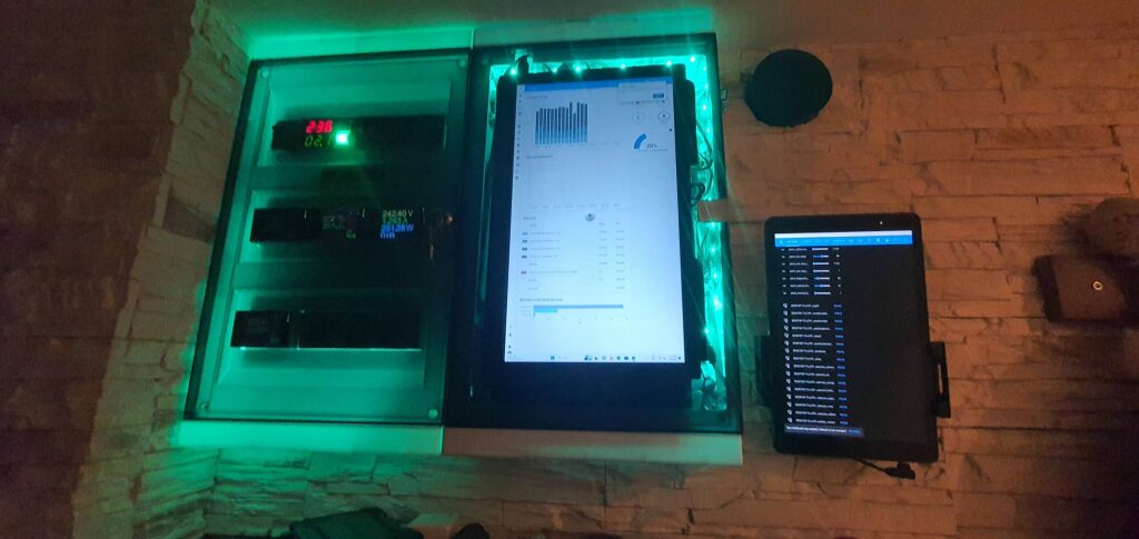 Nowoczesny panel sterowania inteligentnym domem z podświetlanymi na zielono urządzeniami, ekranem dotykowym wyświetlającym wykresy i listą urządzeń IoT.