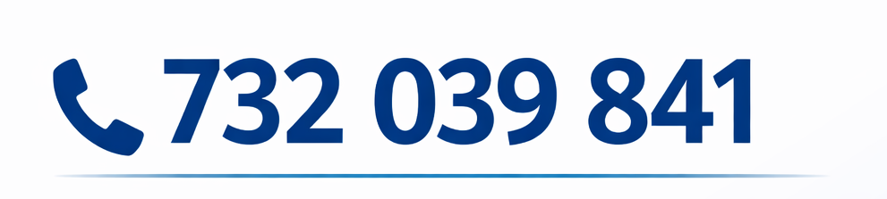 Niebieski symbol telefonu obok numeru 732 039 841 na białym tle z niebieską linią.