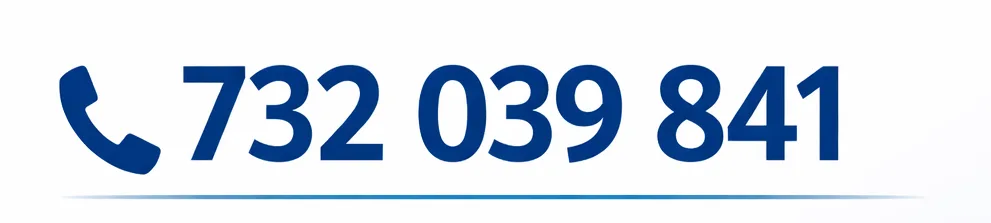 Niebieski symbol telefonu obok numeru 732 039 841 na białym tle z niebieską linią. Niebieski symbol telefonu obok numeru 732 039 841 na białym tle z niebieską linią.